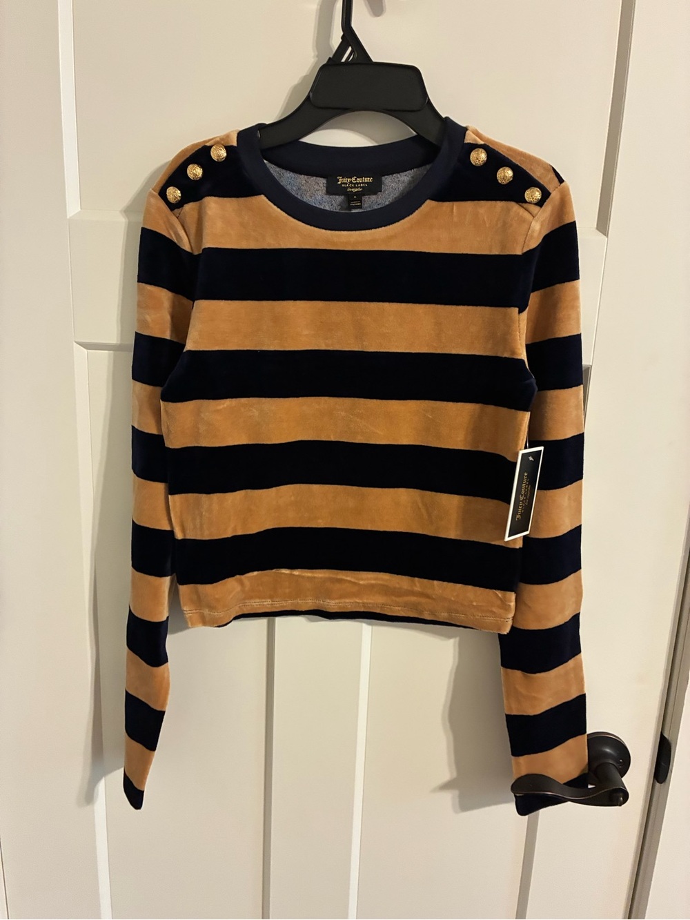 Juicy Couture Navy and Camel Striped Velvet Crewneck Sweater with Gold Buttons